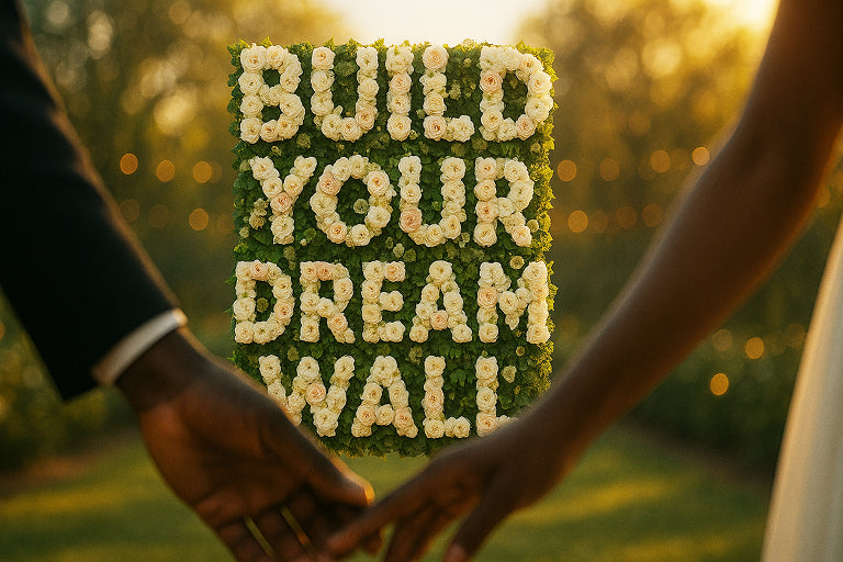 Floral arrangement spelling 'BUILD YOUR DREAM WALL' with two hands holding hands against a blurred natural background.