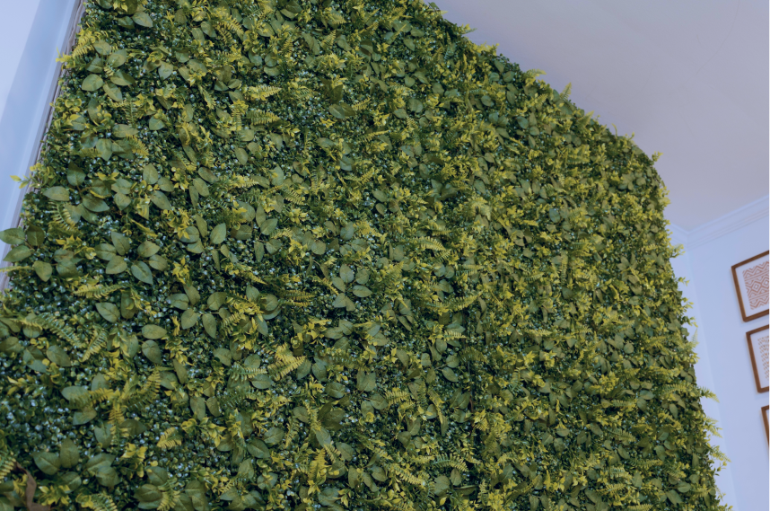 Artificial green hedge panel on a white background